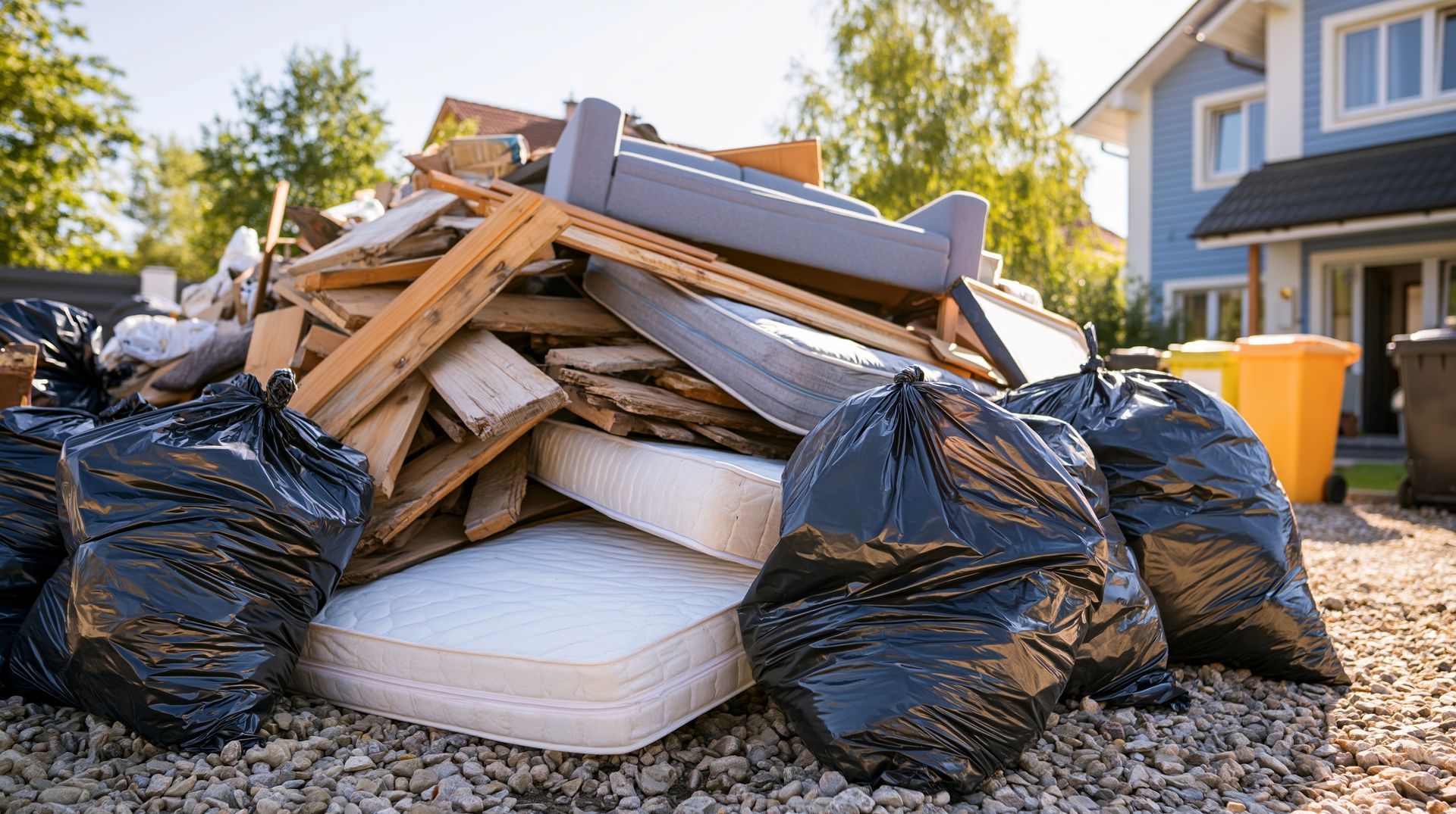 Pile of mattresses, wood and trash bags for a local junk removal company