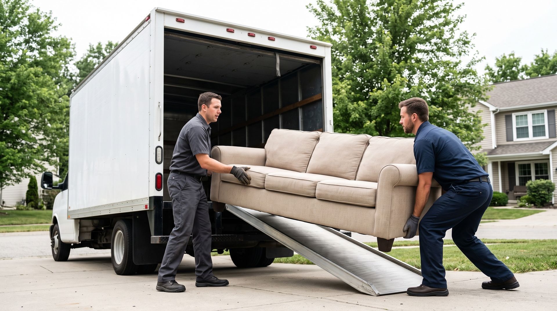 Junk removal company crew carrying a sofa down a ramp from a box truck