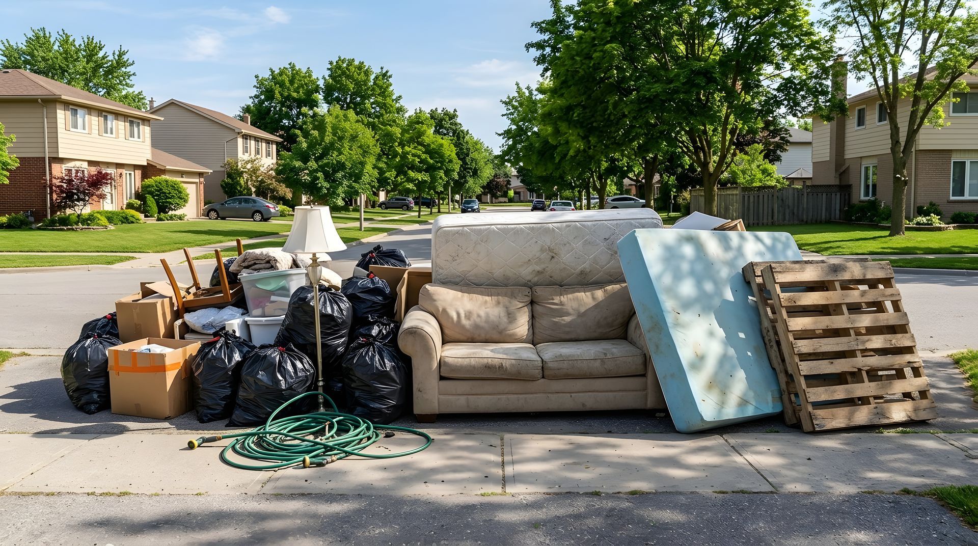 Curbside pile of old couch, mattress, and bags ready for local junk removal