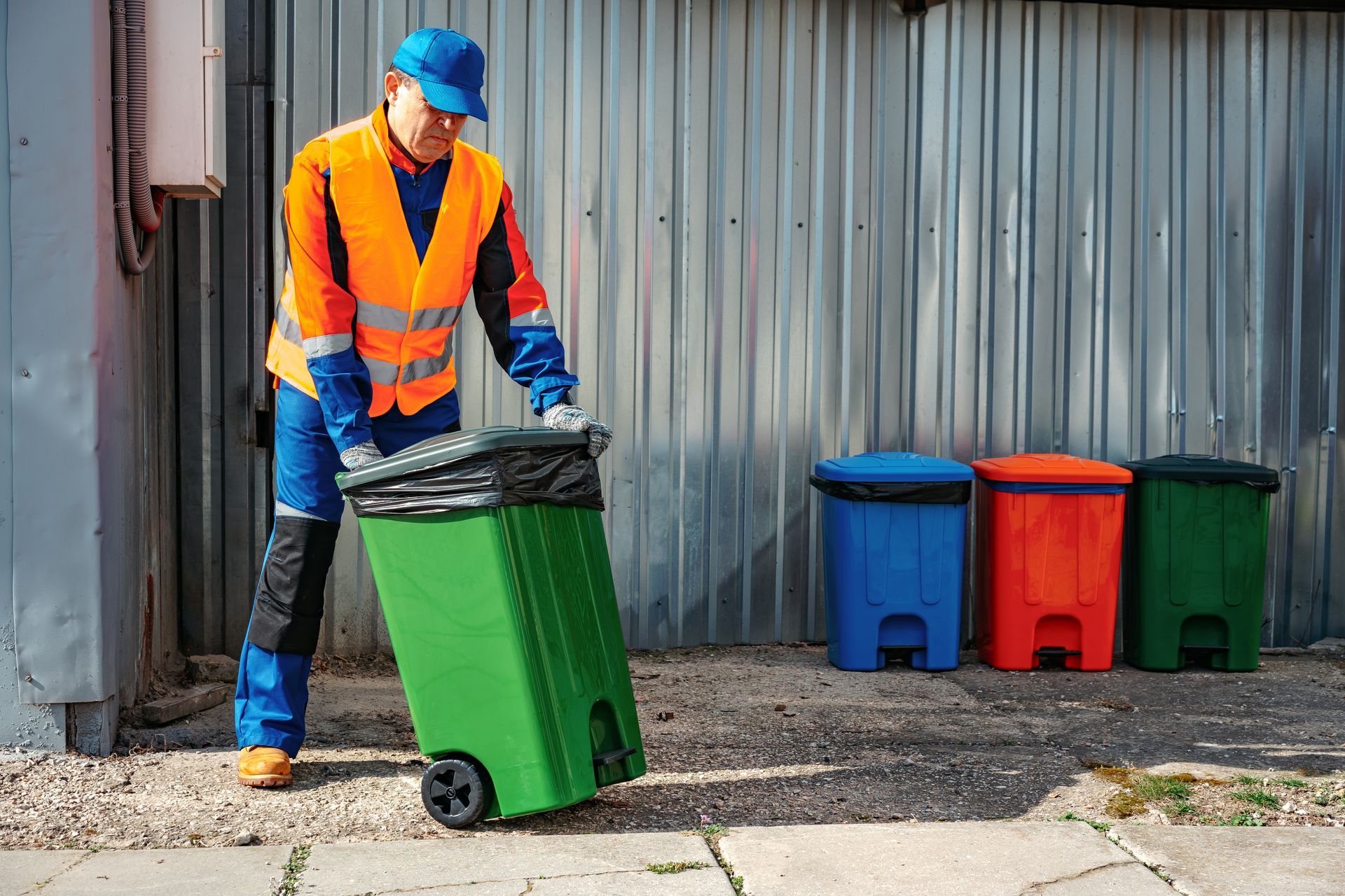 Garbage collector rolling a green bin near blue, red, and green bins against a metal wall. Garbage collector rolling a green bin near blue, red, and green bins against a metal wall.