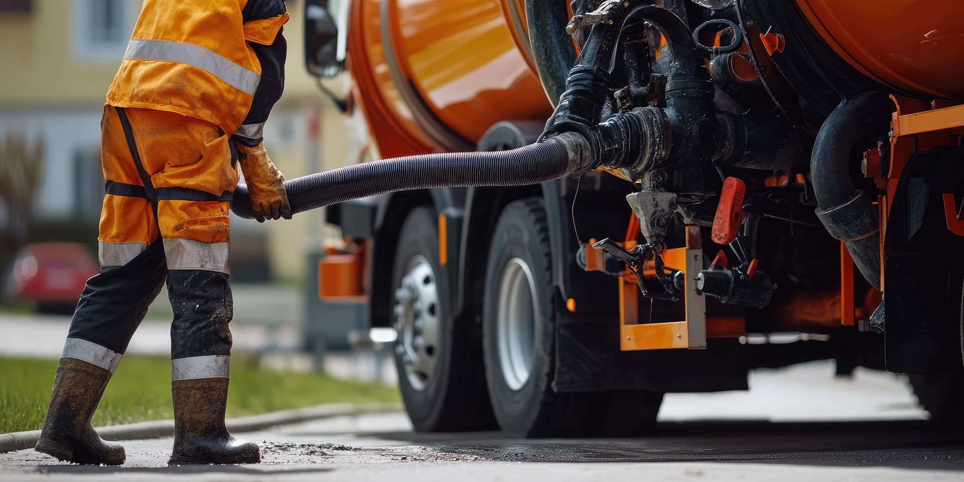 Commercial septic pumping truck servicing a business