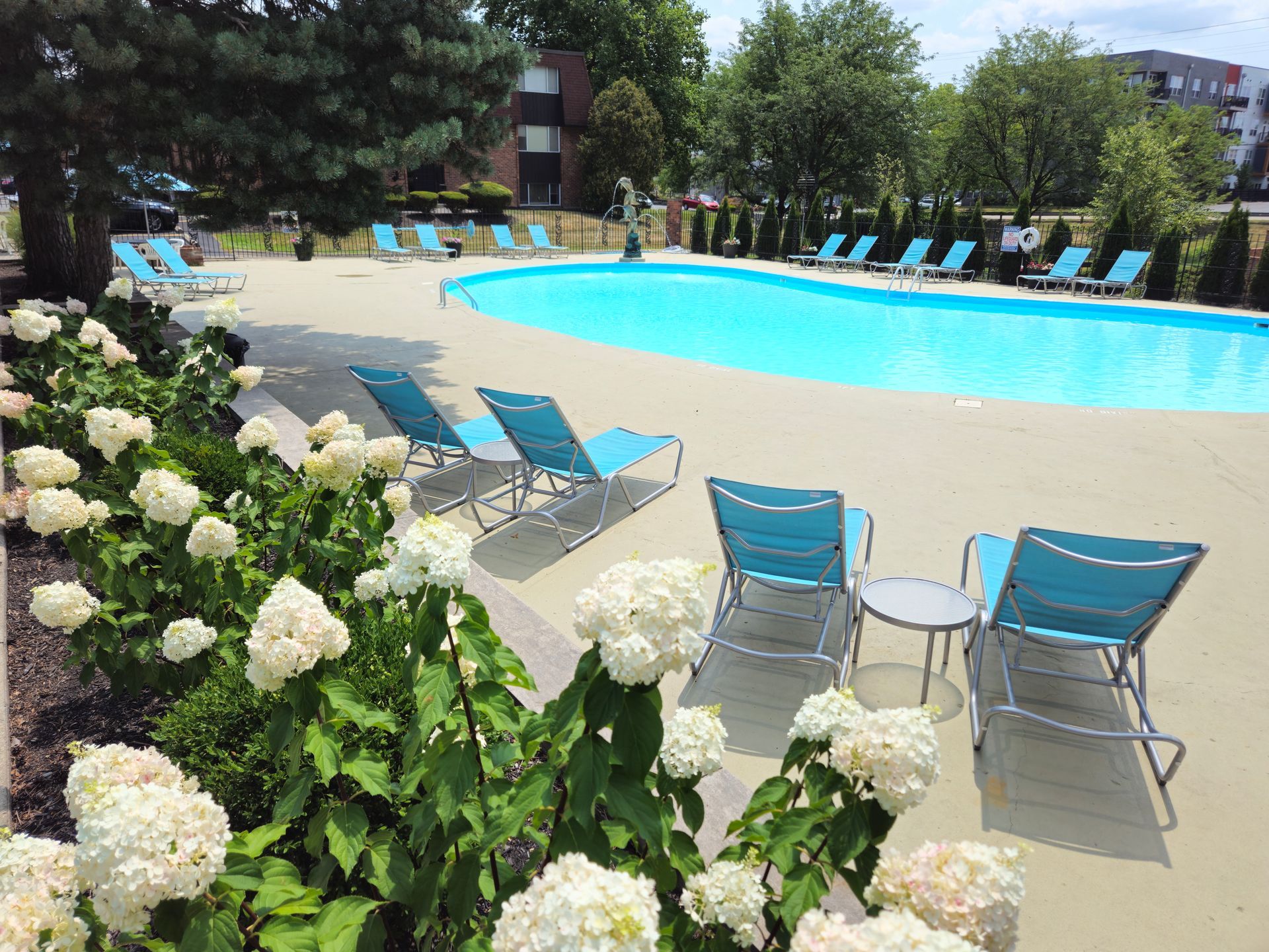 A large swimming pool surrounded by chairs and flowers.