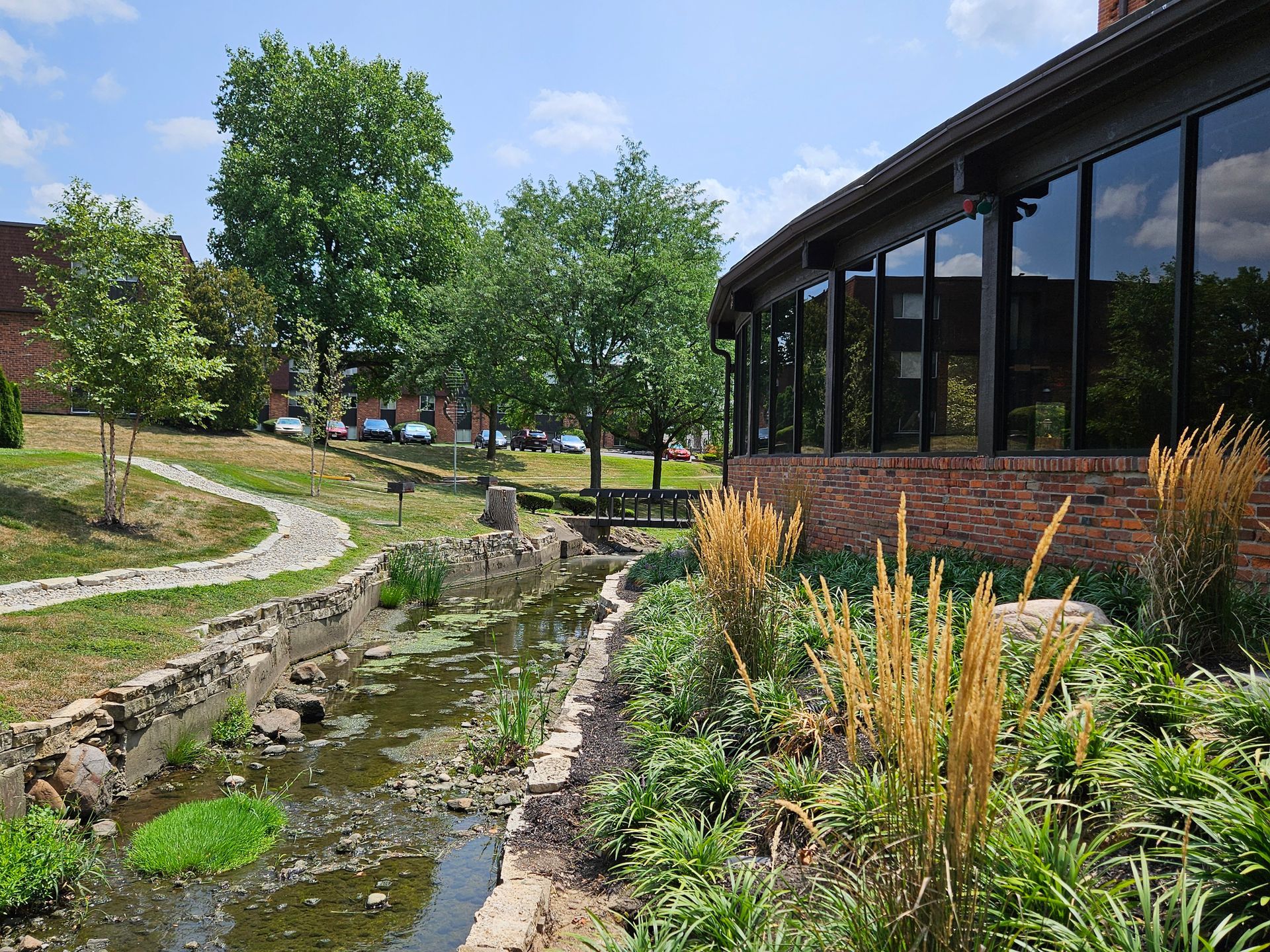 A stream running through a park next to a building