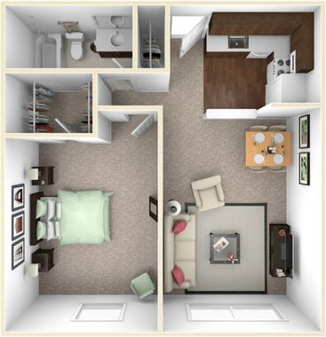 A 3d floor plan of a bedroom and living room