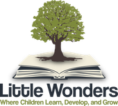 Little Wonders logo with a green tree growing from an open book and the tagline “Where Children Learn, Develop, and Grow”