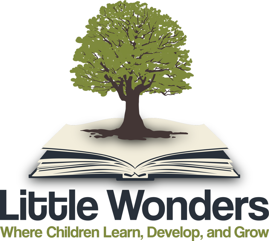 Little Wonders logo with a green tree growing from an open book and the tagline “Where Children Learn, Develop, and Grow”