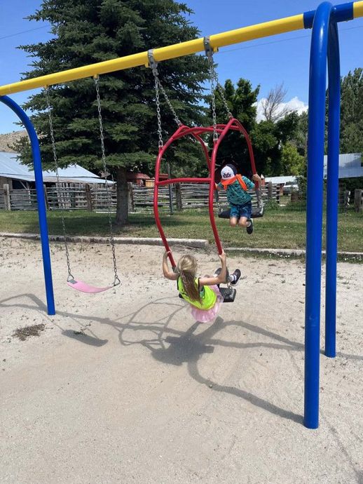Children playing on a playground swing and climbing hoop under a yellow bar.