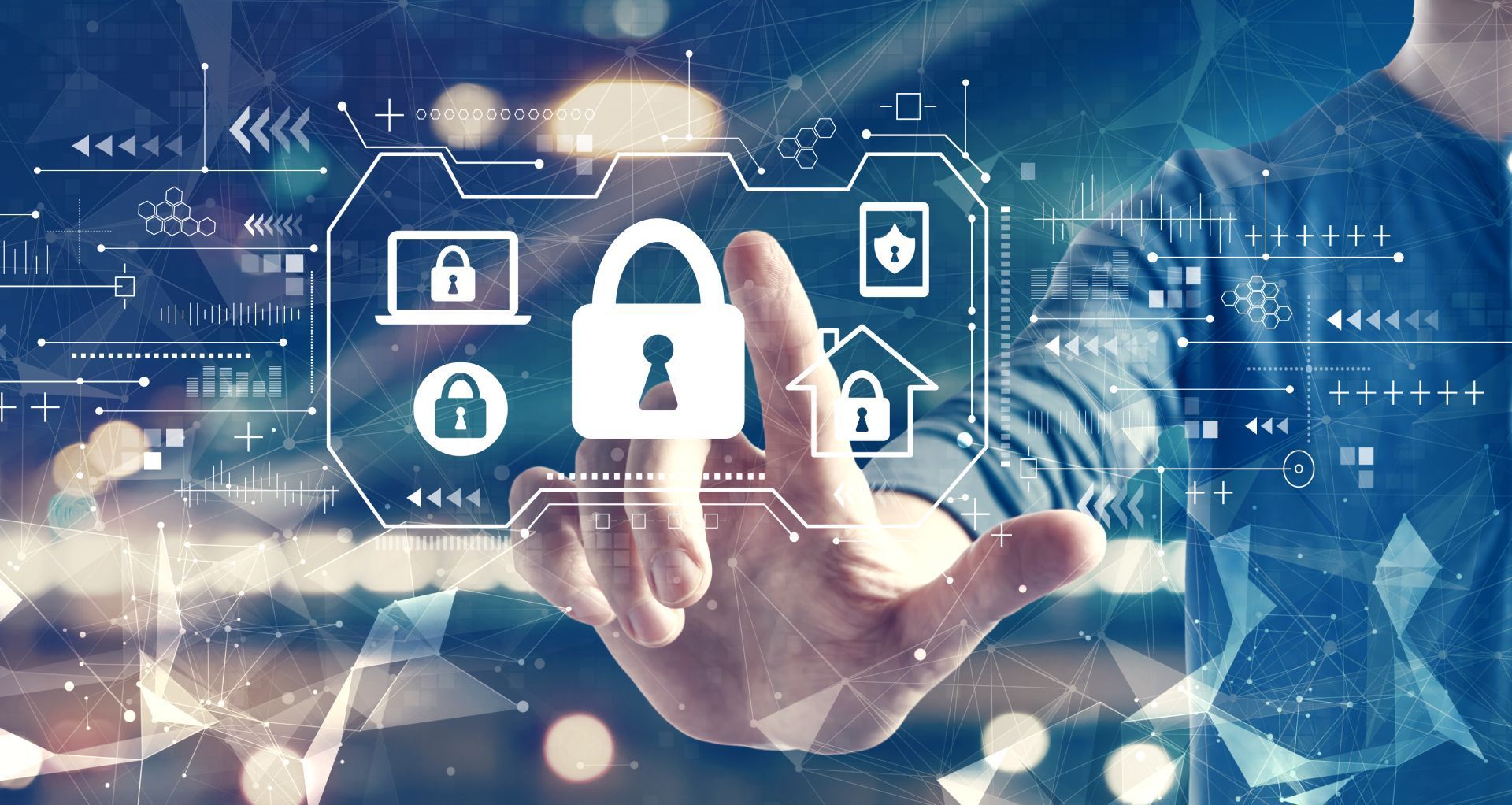 Person's hand touching a digital padlock icon, surrounded by cybersecurity symbols on a blue background.