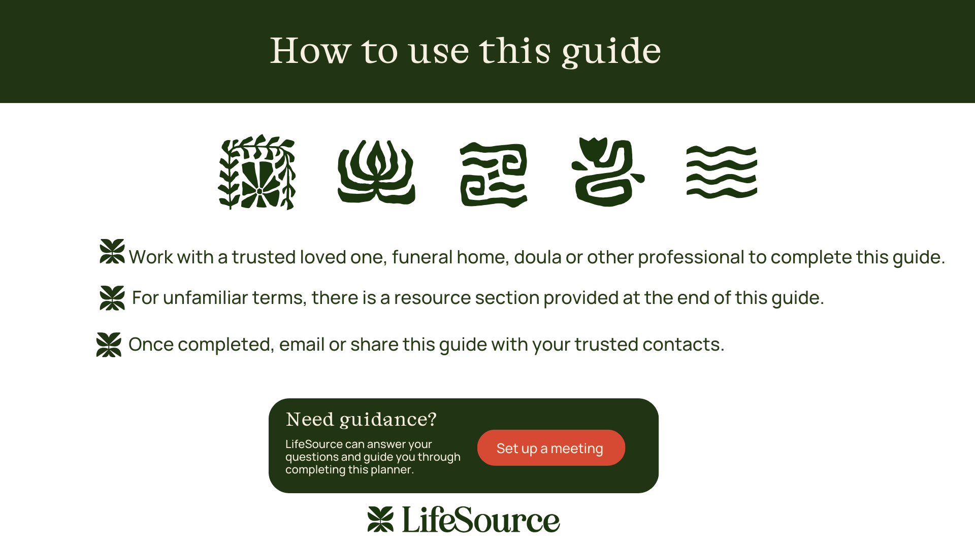 Green-and-white “How to use this guide” page with icons, bullets, and a LifeSource logo/button