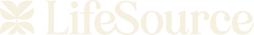 LifeSource logo with pale yellow floral background and white text