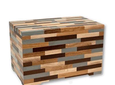 Wooden mosaic cube side table with multicolored rectangular wood inlays on a white background