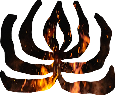 Black abstract flame-like logo with orange fire glowing inside