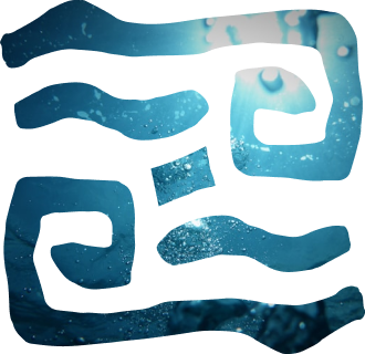 Abstract blue and white geometric maze-like design with textured brush strokes