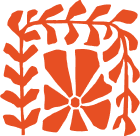 Orange floral pattern with leaves and stylized blossoms on a white background