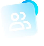 Two white people icons on a light blue, rounded square, with a blue circle in the background.