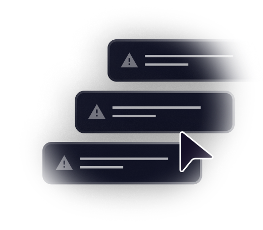 Three dark message boxes with an alert icon, one highlighted by a cursor.