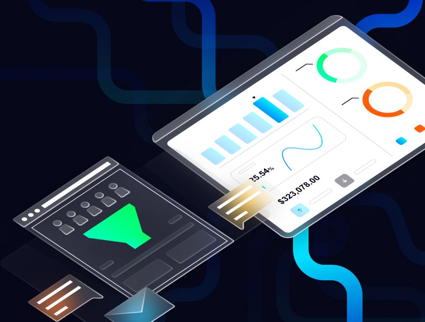 Marketing dashboard with charts, graphs, and a sales funnel, set against a dark blue background.