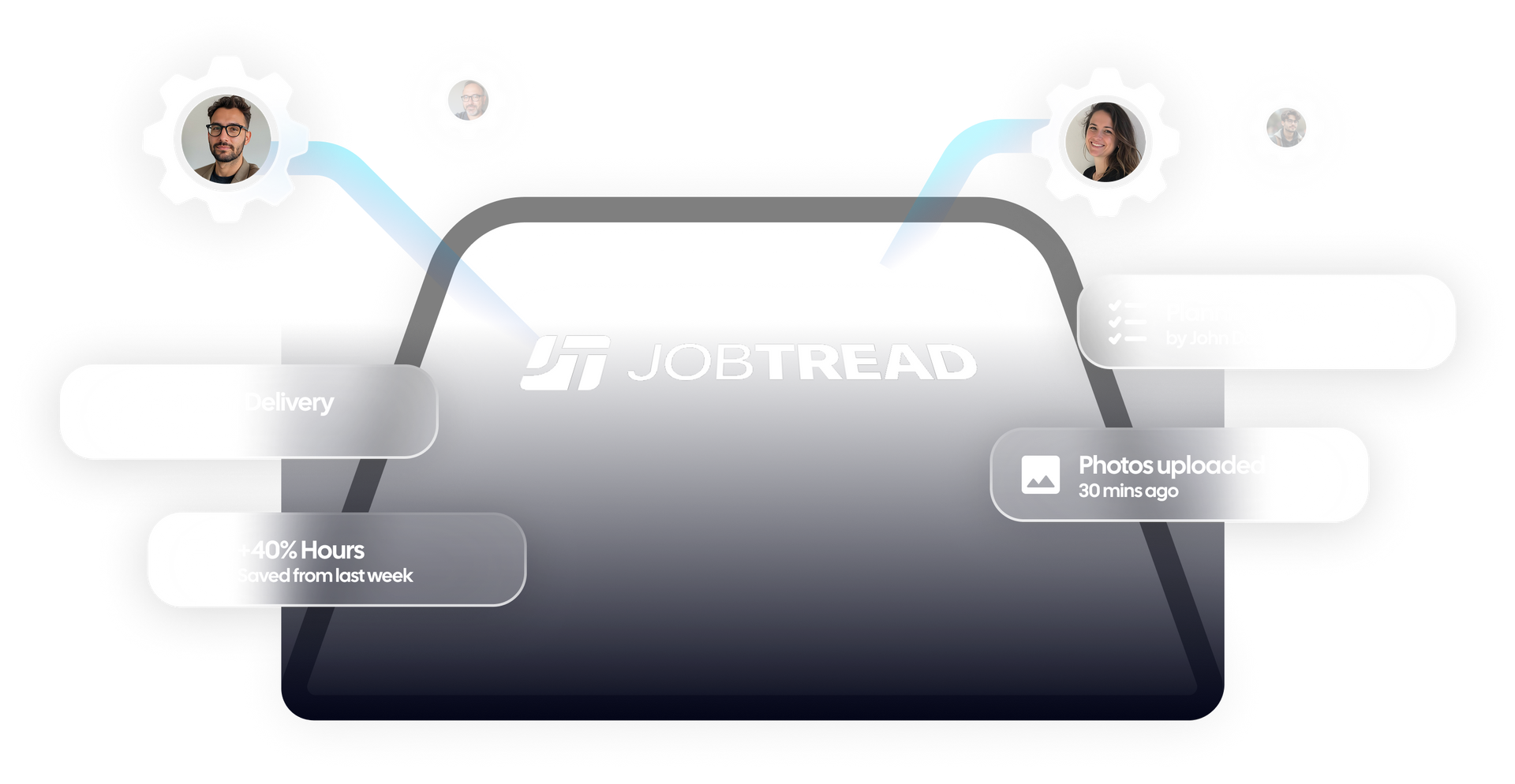 Jobtread platform connecting users; two avatars with arrows, grey screen with logo and text boxes.