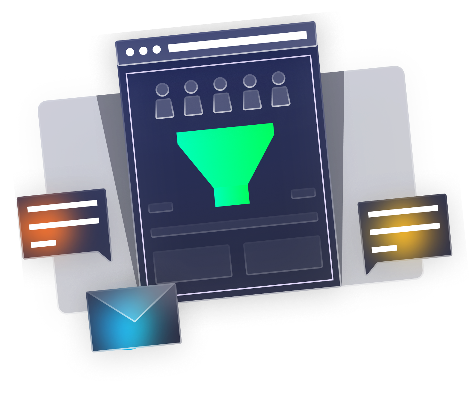 Website interface with sales funnel, speech bubbles, and email icon.