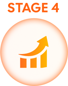 Stage 4: Orange graphic with upward-pointing arrow and bar graph symbolizing growth and progress.