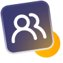 Two white person silhouettes on a blue-purple background, with an orange circle in the corner.