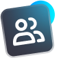 Dark square icon with two figures, a blue accent on the upper right.