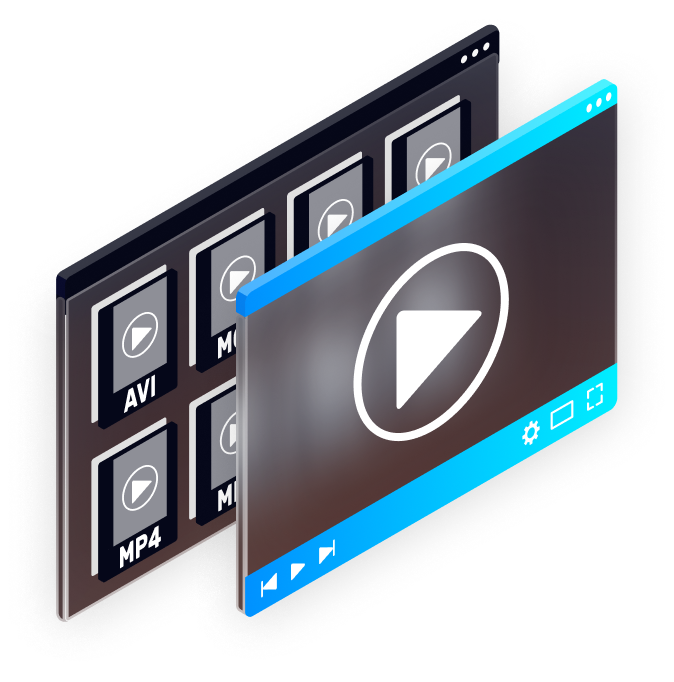 Two stacked video player interfaces: one with video previews, the other playing.