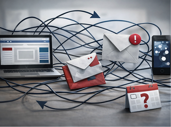 Laptop, phone, and mail entangled with lines, calendar with question mark and exclamation mark, depicting information overload.