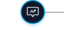 A speech bubble with an upward trend arrow, inside a dark blue circle with a light blue border.