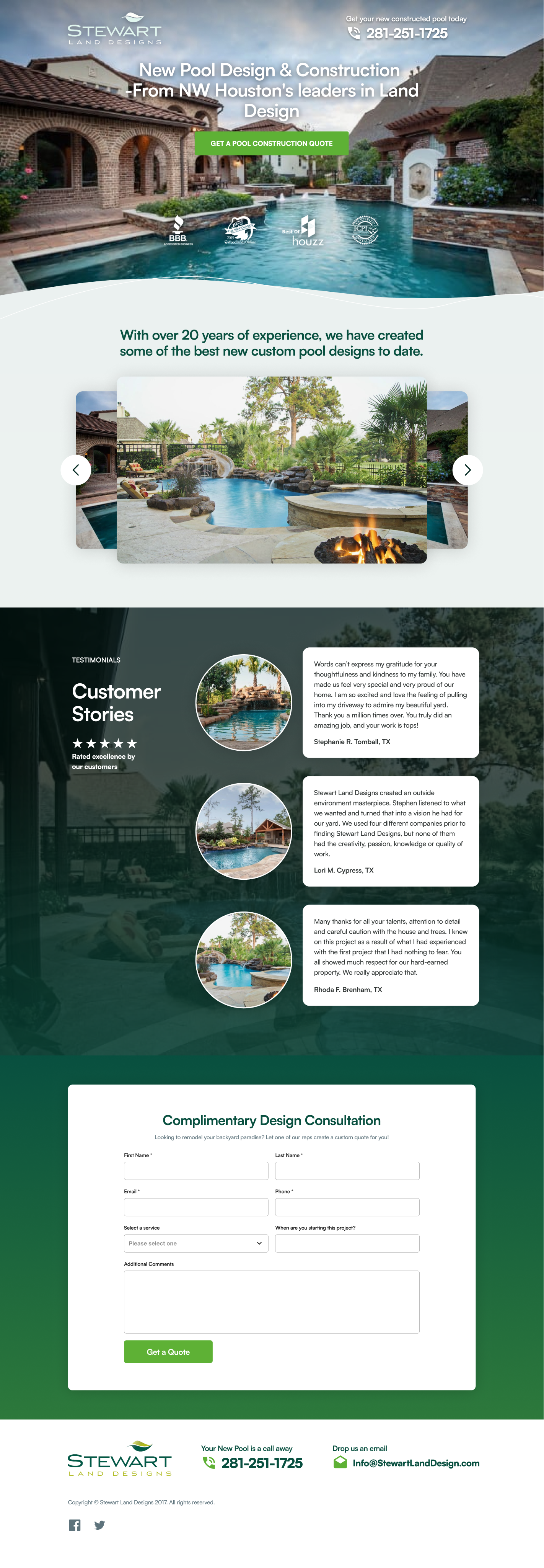 Website layout featuring a pool, form, and text sections with green and white color scheme.