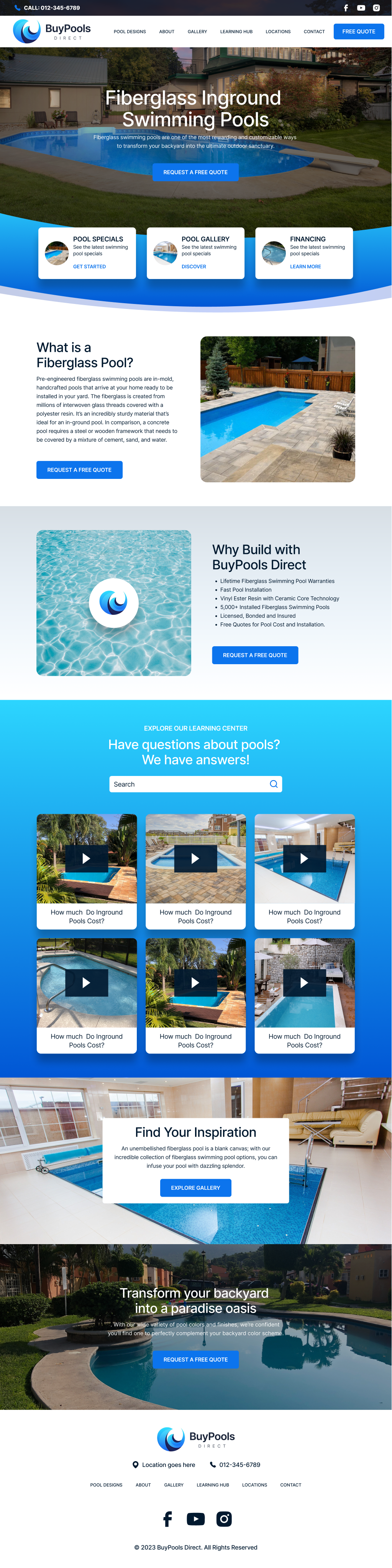 Website homepage showcasing pool designs, services, and contact information. Blue and white color scheme.