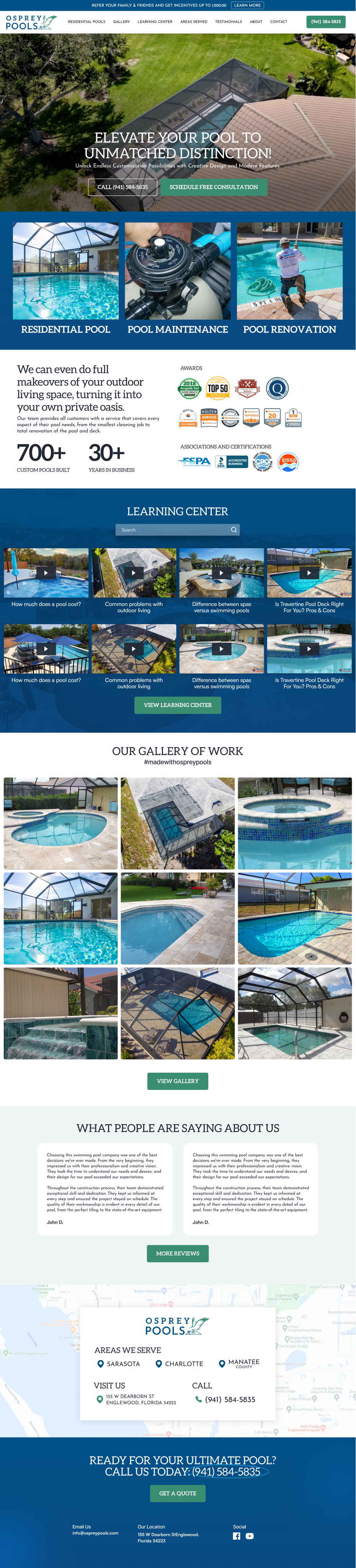 Website showing vacation rentals with photos of pools and water activities.