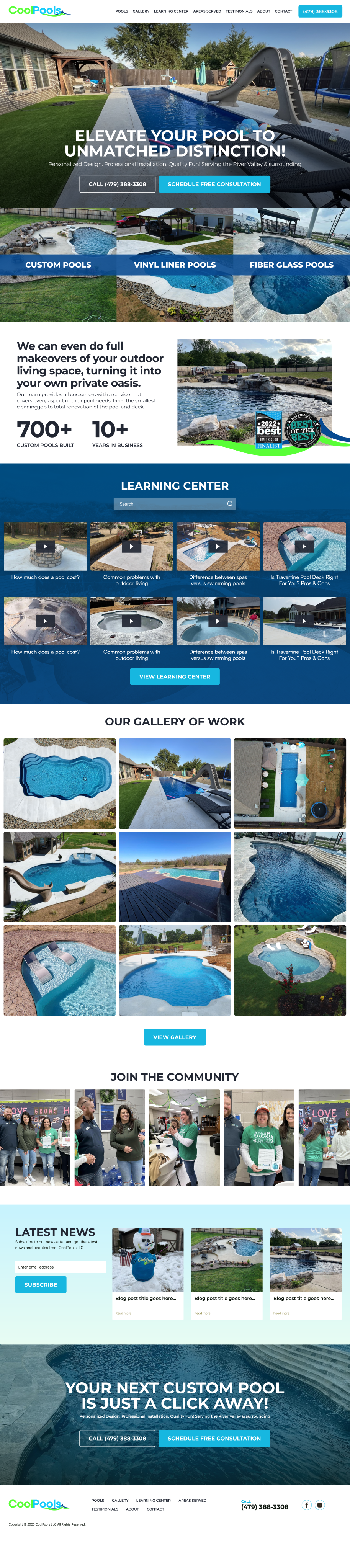 Website homepage with pool photos and call to action buttons. Blue, white, and green color scheme.