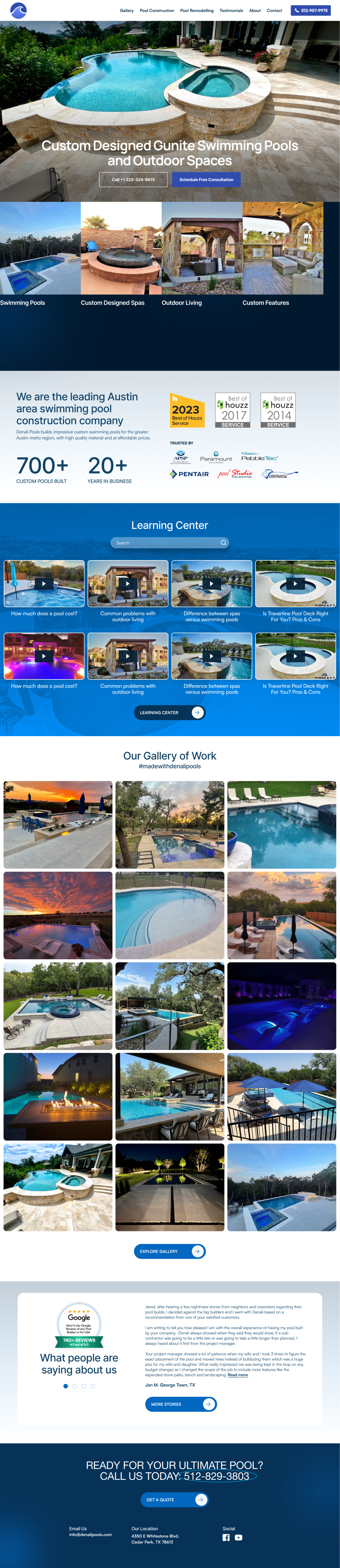 Website homepage showcasing pool designs and landscaping. Blue, white, and outdoor imagery.