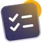Dark square icon with two checkmarks and two horizontal lines, with yellow glow.