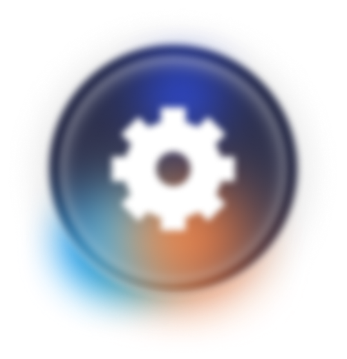 White gear icon in a dark blue circular button with a soft orange and blue glow