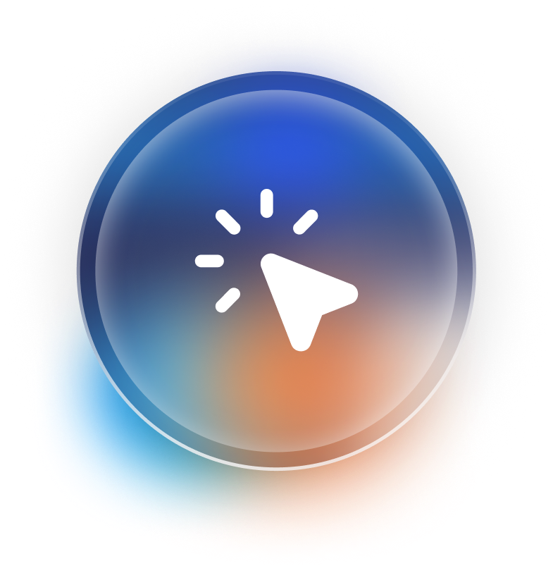 Blue gradient circular button with a white cursor icon and click sparkles