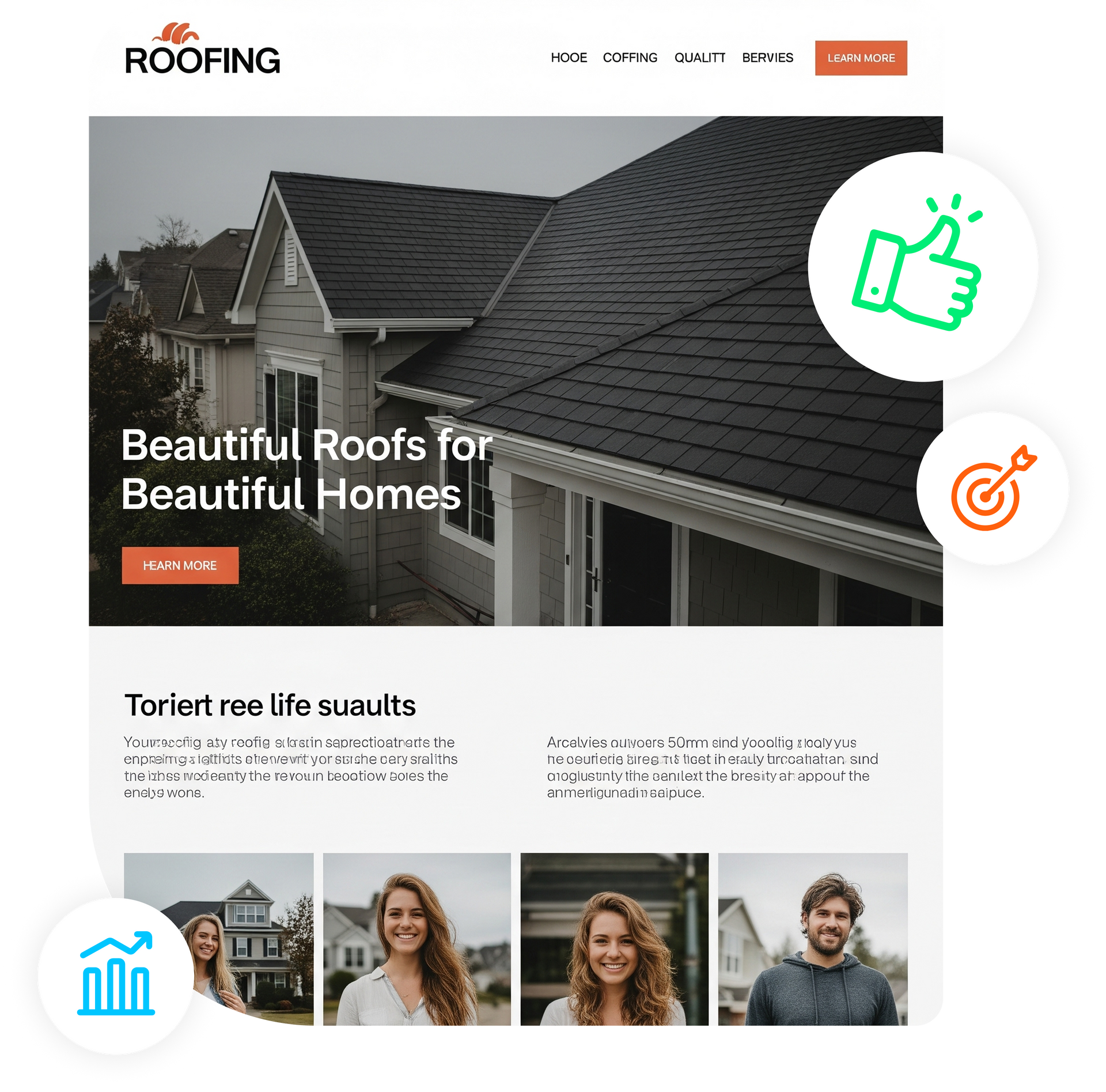 Roofing website homepage featuring a house with a new roof and customer testimonials.