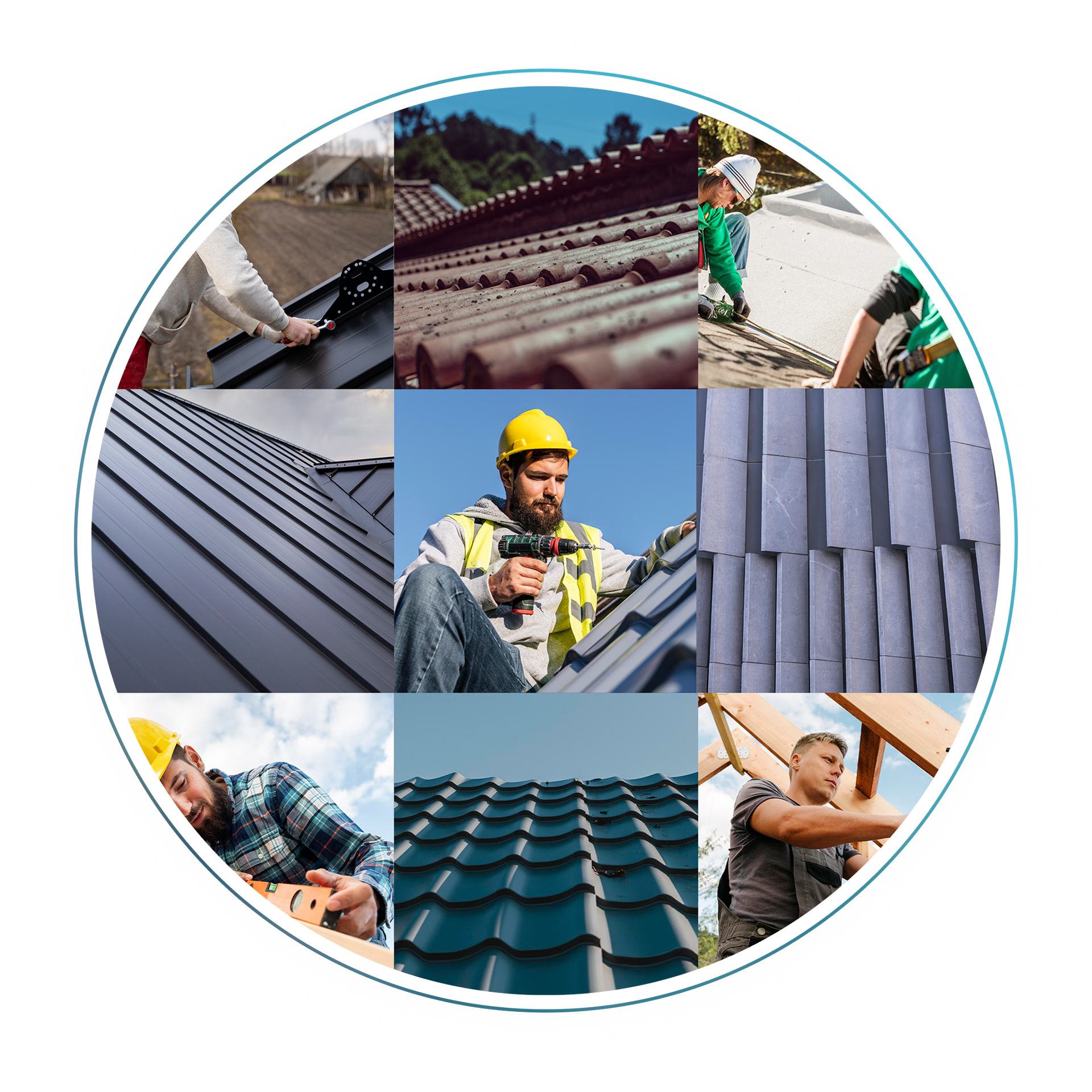 People installing various types of roofing on buildings, shown in a circular collage.