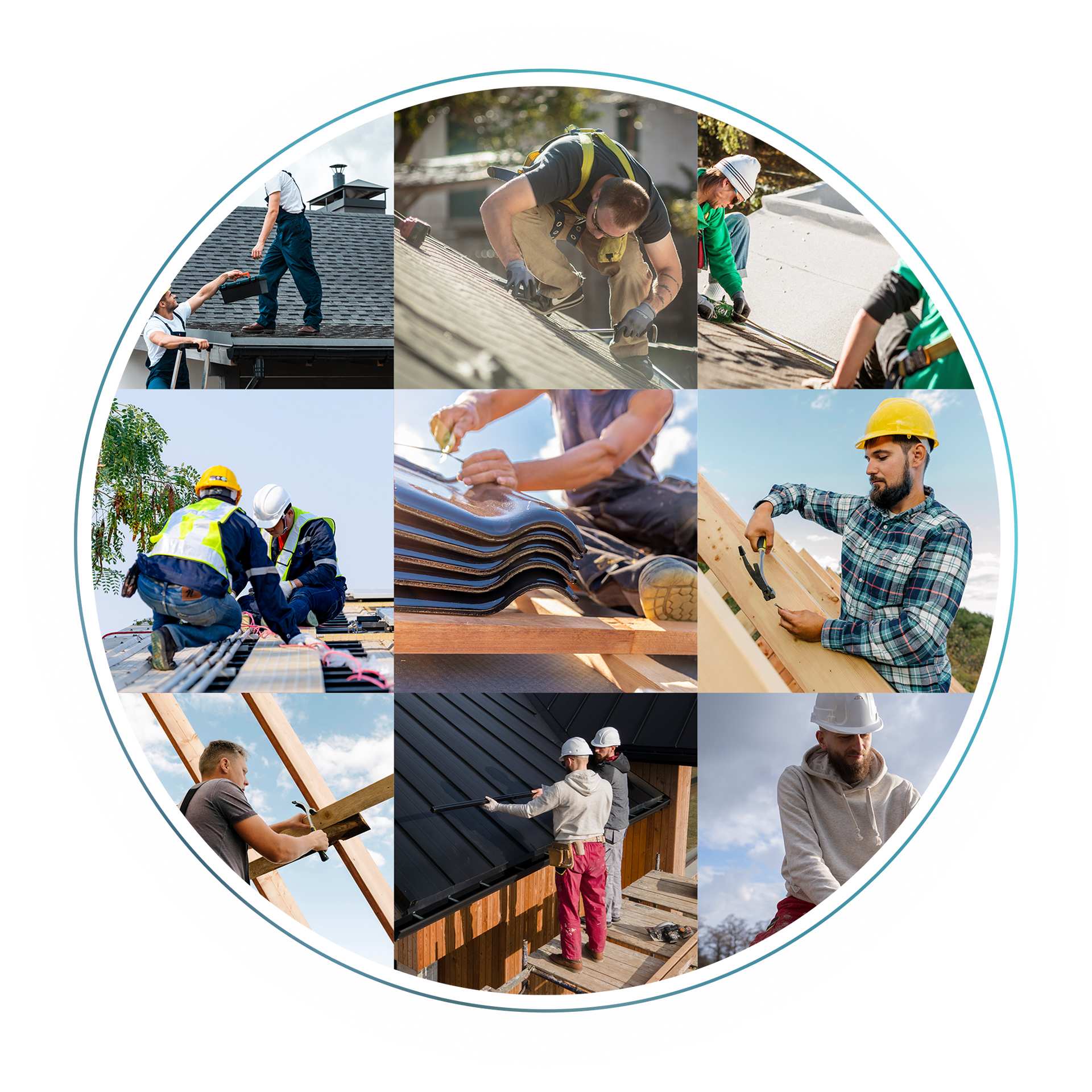 Nine construction workers on rooftops, installing various roofing materials.