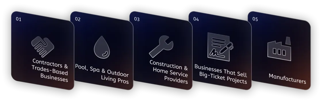 Five dark squares with white icons and text:  Construction, space and garden, energy, building, and manufacturing.