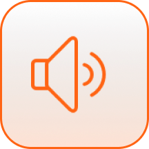 Orange speaker icon with sound waves inside a rounded square button.