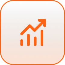 Orange growth chart icon with rising arrow on a rounded square background