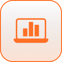 Orange laptop icon with a bar chart on a white rounded-square background