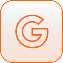 Orange-outlined rounded square with a stylized orange letter G on a light background