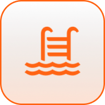 Orange pool ladder and water waves icon on a rounded square background
