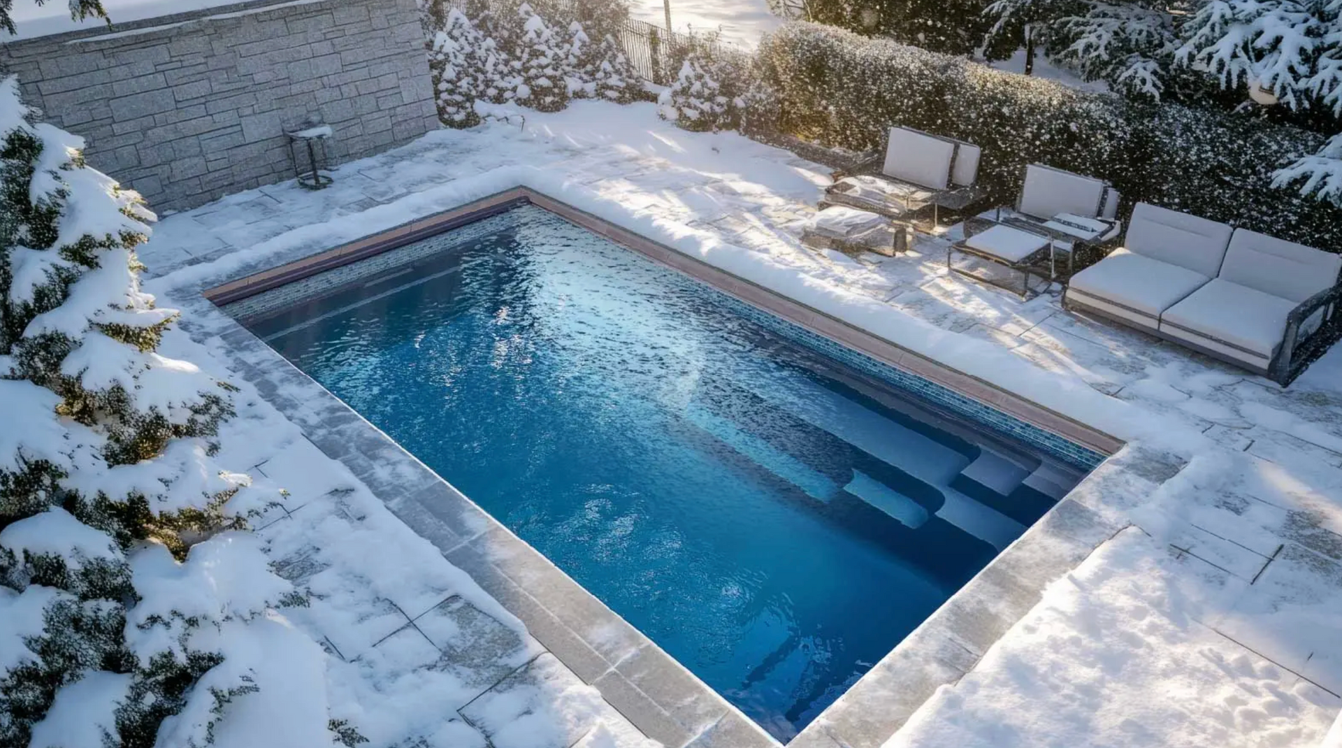 Snowy backyard scene with a rectangular swimming pool filled with blue water.