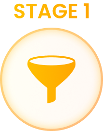 Stage 1: Orange funnel icon inside an orange and white circle, implying the filtering process.