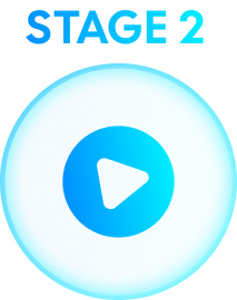 Stage 2 button: Blue play icon in a light blue bubble.