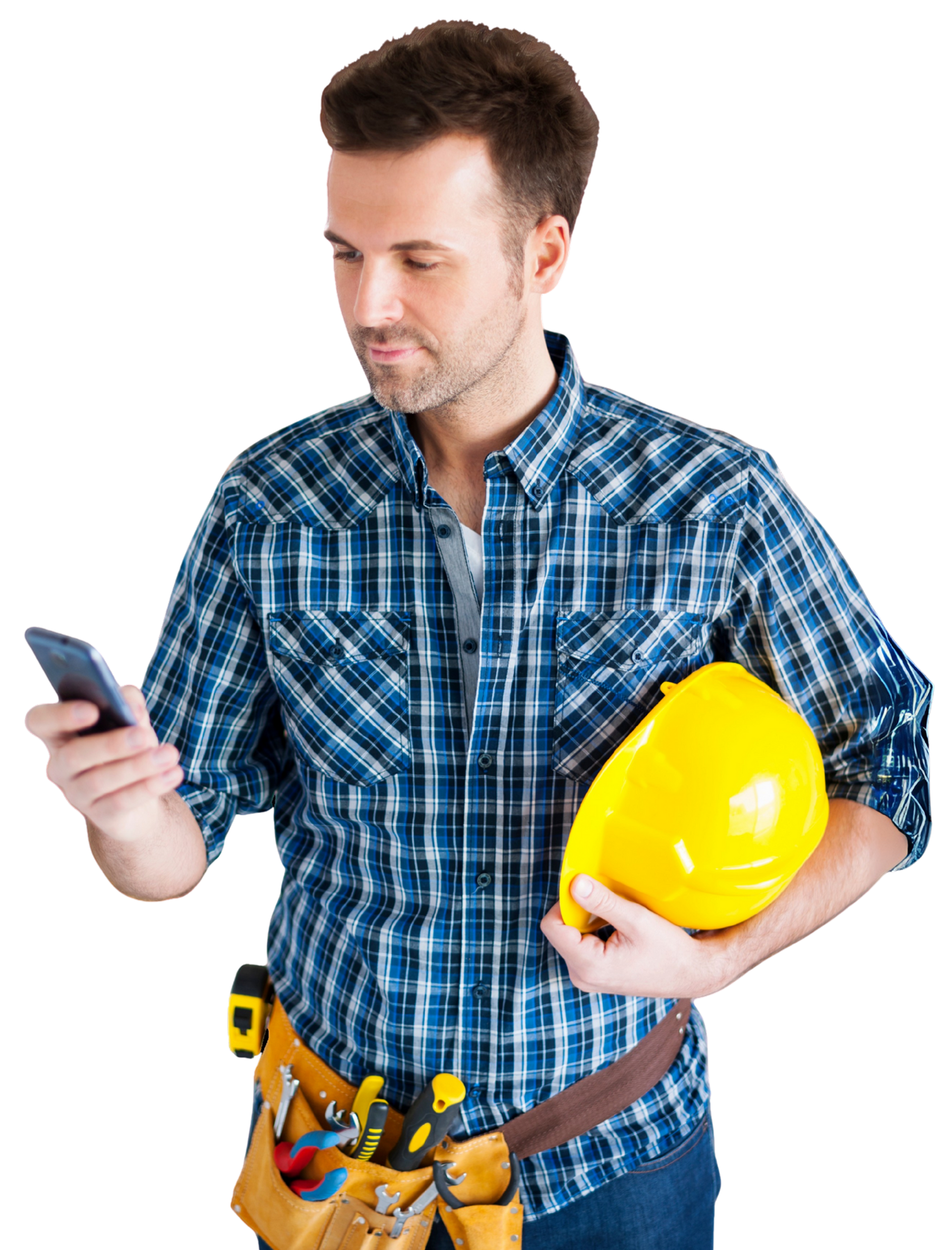 Construction worker in plaid shirt, using phone while holding a yellow hard hat.
